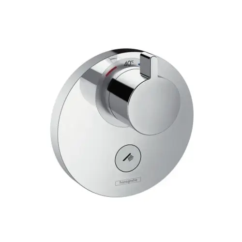 Thermostat von Hansgrohe mit verchromter Oberfläche, Drehhebel zur Temperaturregulierung und Symbol für Wasserabgabe an eine Dusche.